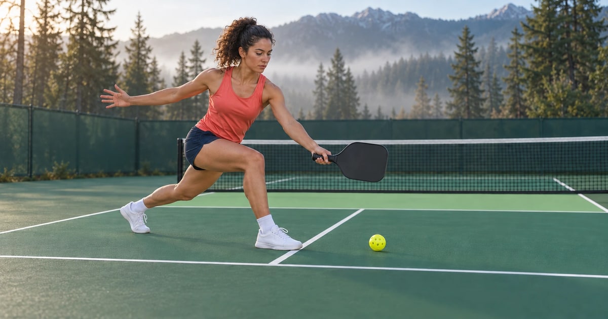 A player in a deep lunge near the baseline of a practice court at a mountain resort, paddle held out in front and a ball on the court. The routine below is easier than this lunge.