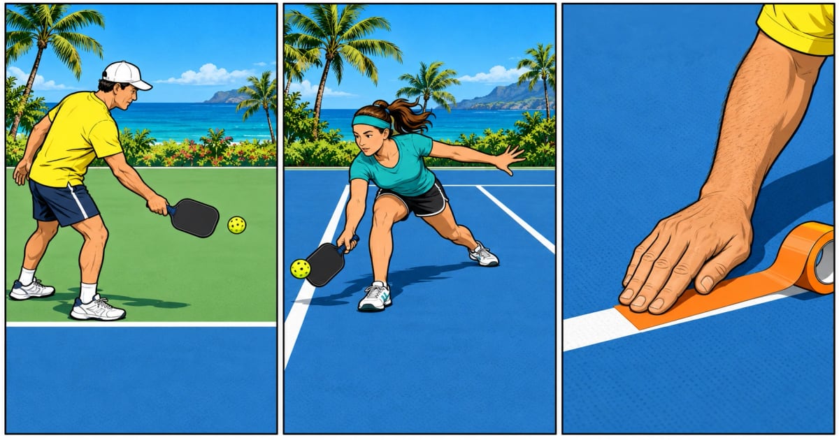 Three comic panels: a player serves behind the baseline, another lunges for a return beside a sideline, a hand tapes a court line