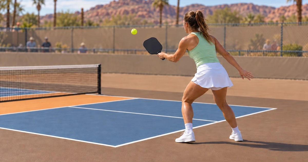 A player at the baseline finishes a soft third shot drop on a desert tournament court, the ball rising on a high arc toward the net