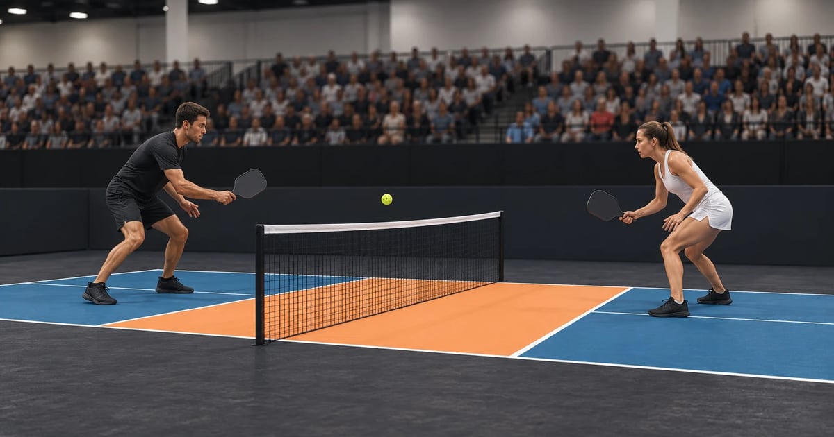 Two players stand behind their kitchen lines on either side of the net as a ball floats just above the tape in a soft dink