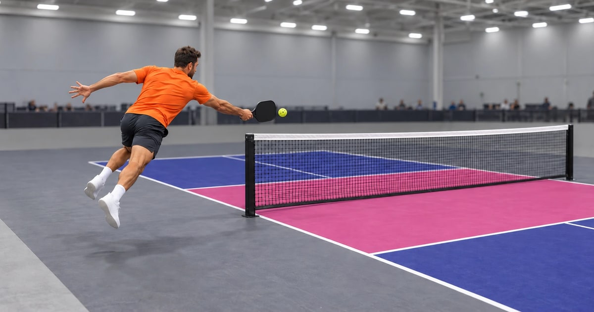 A player jumps outside the sideline beside the net post and reaches across to volley the ball, an erne, on a purple and pink indoor court
