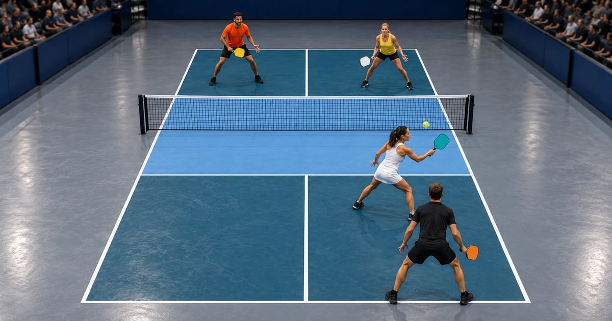 A doubles team stacked on one side of an arena court: both partners stand in the right half, one near the kitchen line and one at the baseline, while the opponents stand one in each half