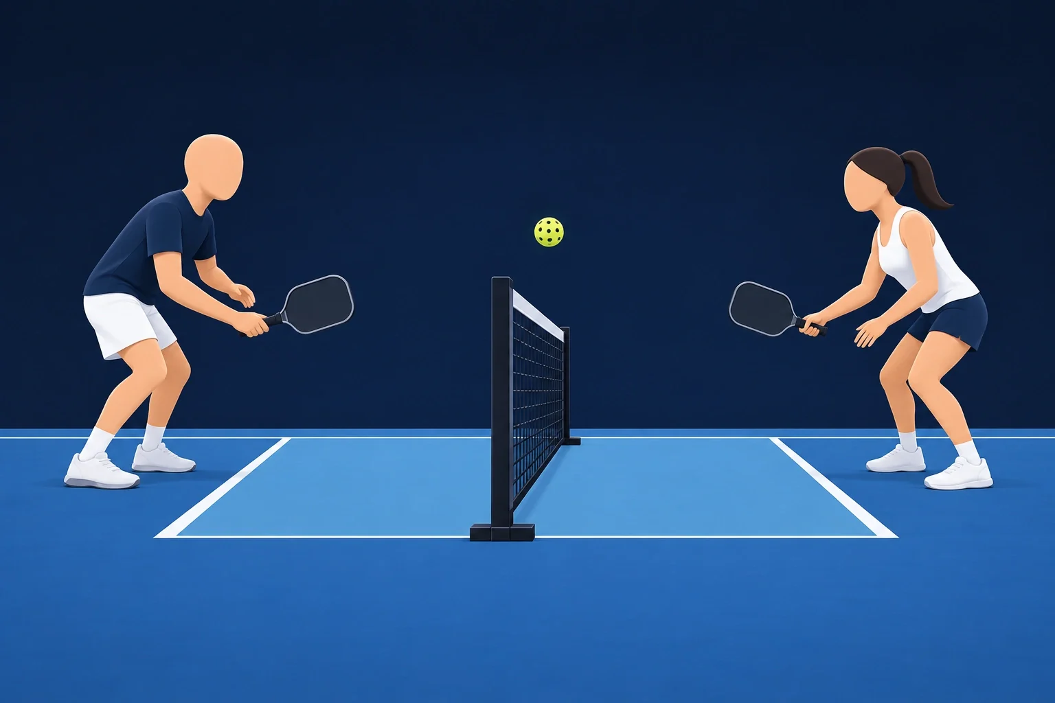 Two players stand just behind the kitchen line on opposite sides of the net and dink the ball softly over it