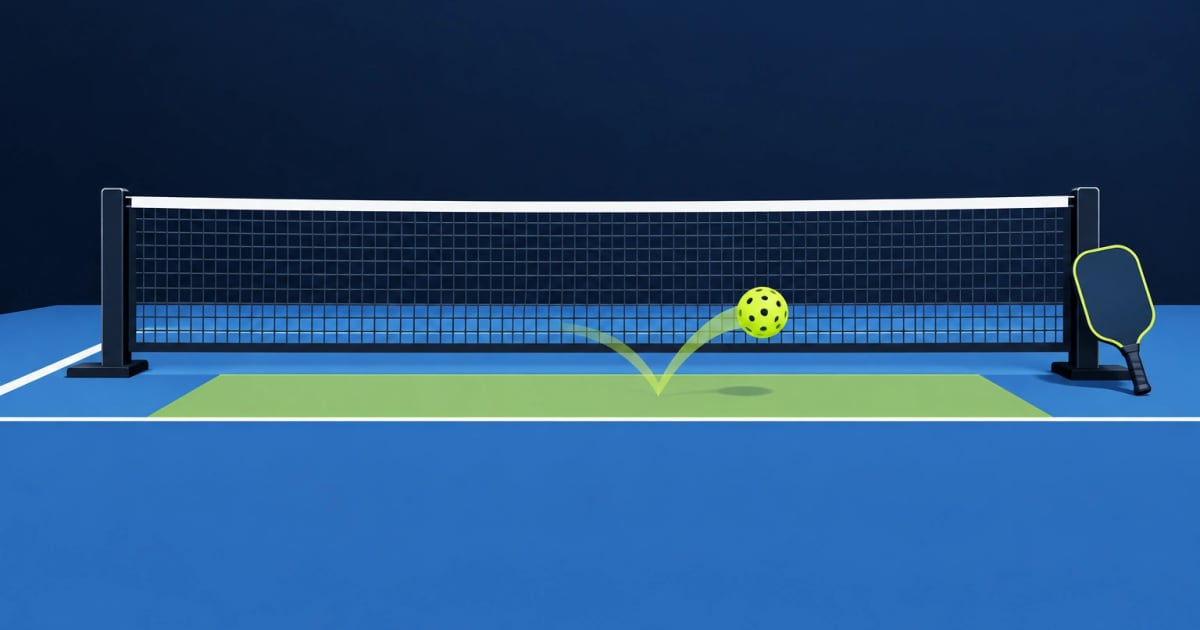 A pickleball bouncing in the shaded kitchen strip in front of a low net