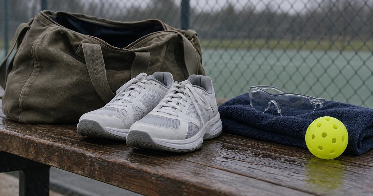 An open gym bag on a damp wooden bench with plain court shoes, safety glasses, a towel and a pickleball by an outdoor court
