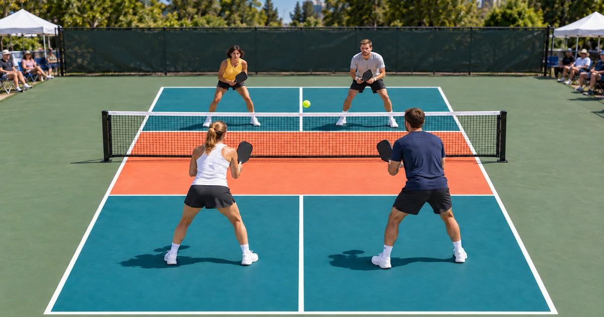 Four players in a doubles point on an outdoor tournament court in bright sun: the far pair stands at the kitchen line while the near pair waits several steps behind theirs, a ball in the air over the net