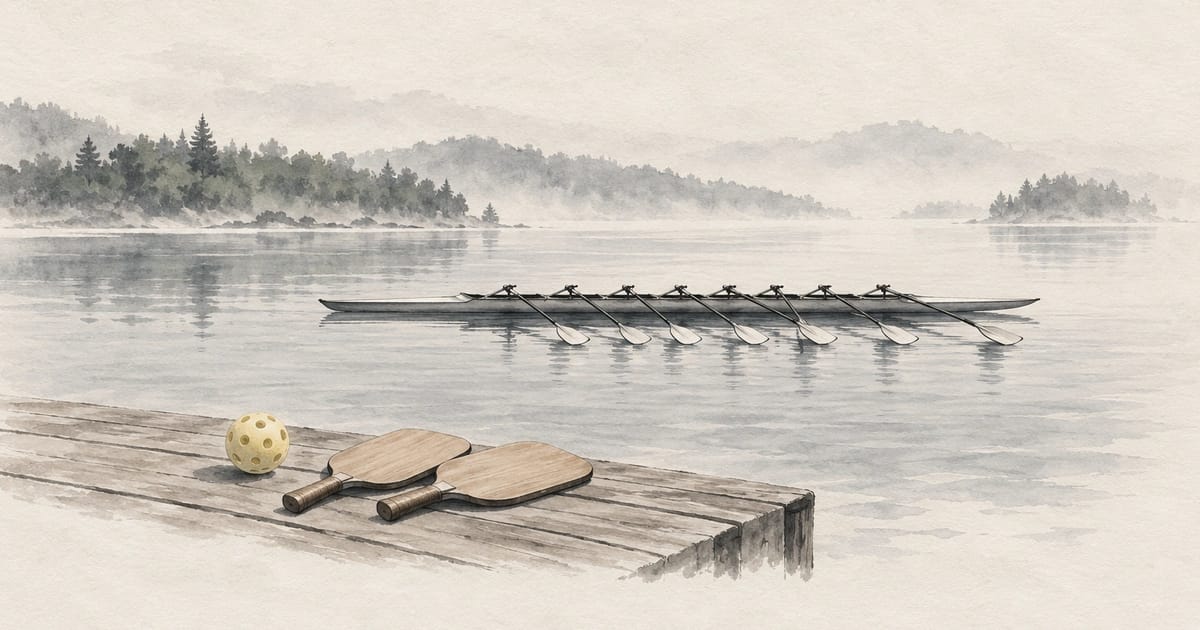 Ink wash illustration of a rowing crew boat on a misty bay, with a perforated ball and two paddles on a dock