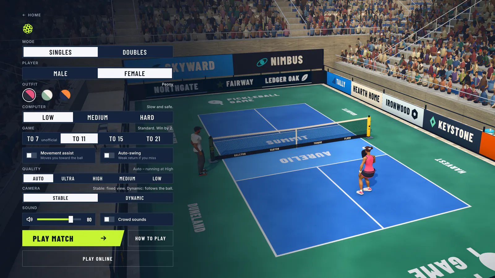 The game setup screen: choose singles or doubles, pick Low, Medium or Hard, then press Play match